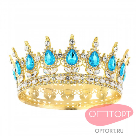 Топпер корона на торт, золото (15 см, Голубые камни)